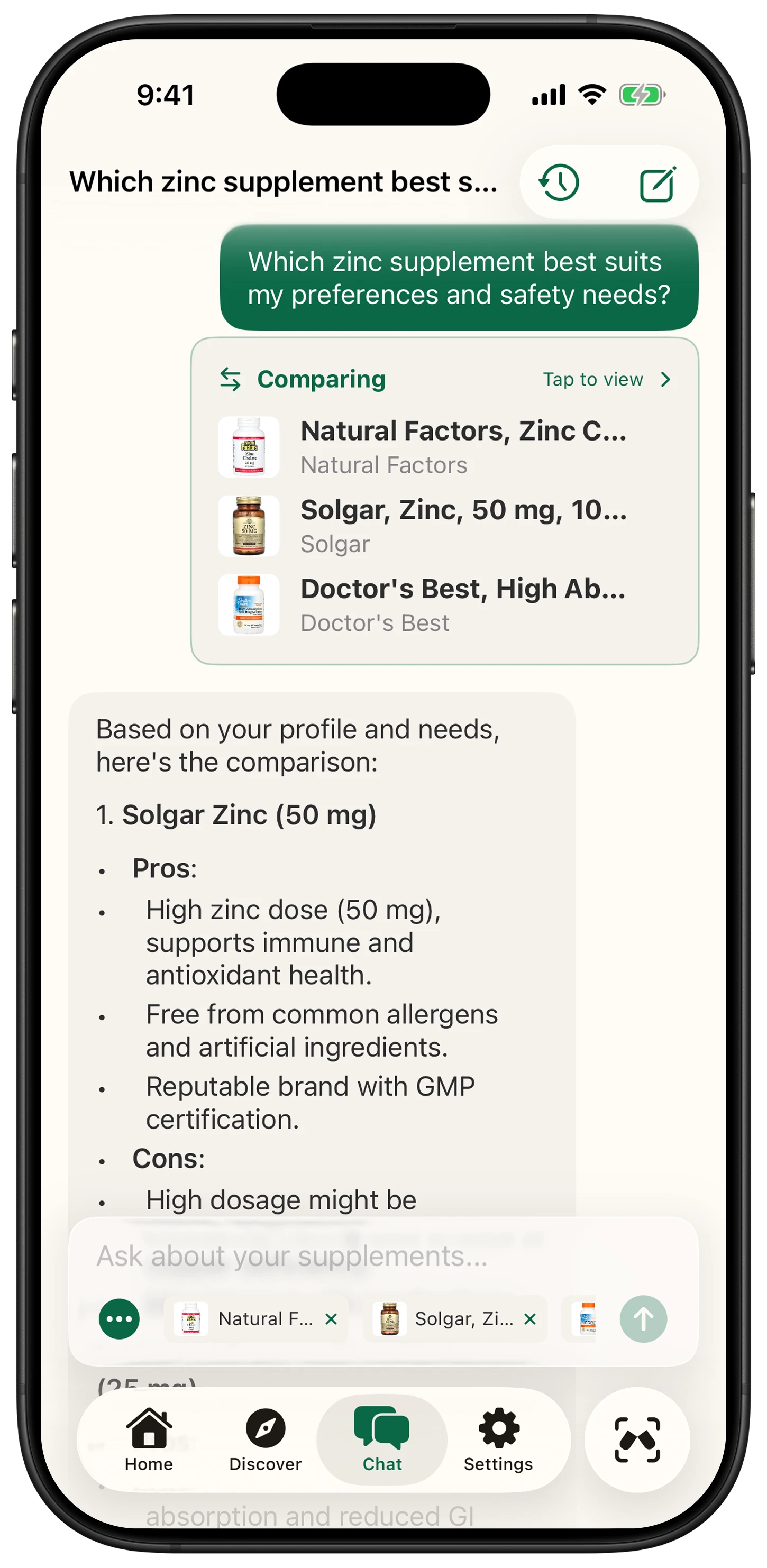 AI Chat comparing zinc supplements with research data and pros cons analysis